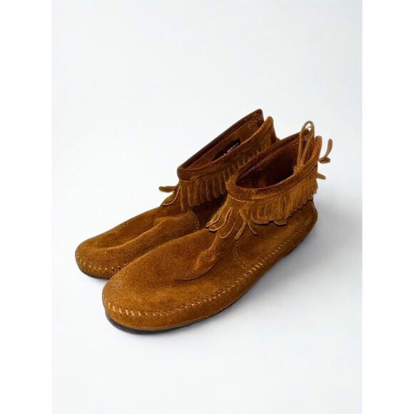 Minnetonka 283 Back Zip Fringe Ankle Boots Suede Brown Women’s Sz 9 w/ Box - Picture 4 of 16